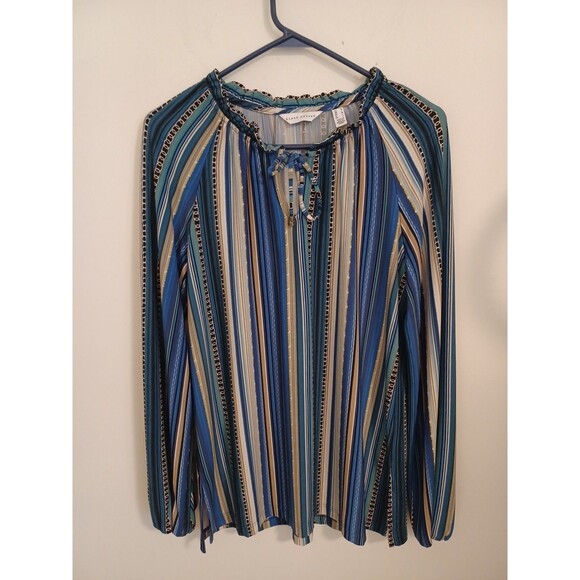 Susan Graver Pullover Knit Tunic Top M Blue Striped Longsleeve Casual Lagenlook - Picture 1 of 9